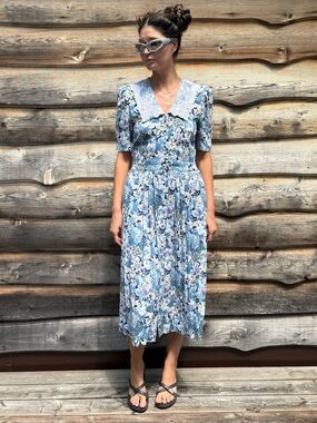 Vintage Blue Floral Lace-Collar Midi Dress Cottagecore Prairie Cotton Blend